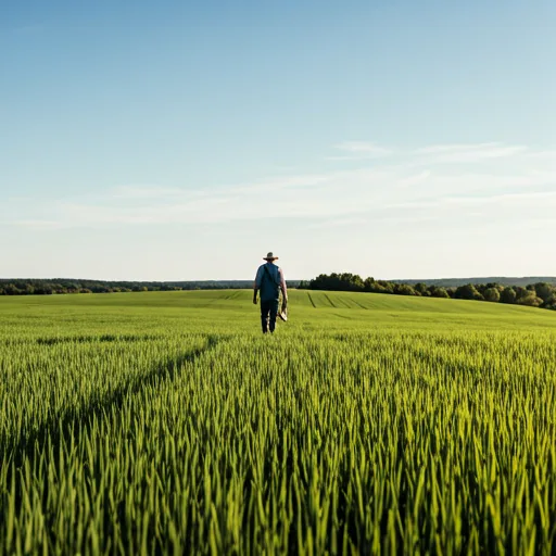 A farmer walking between green field rows