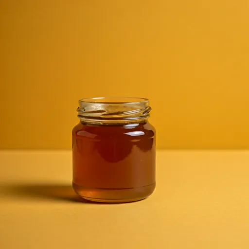 A glass jar of golden raw honey