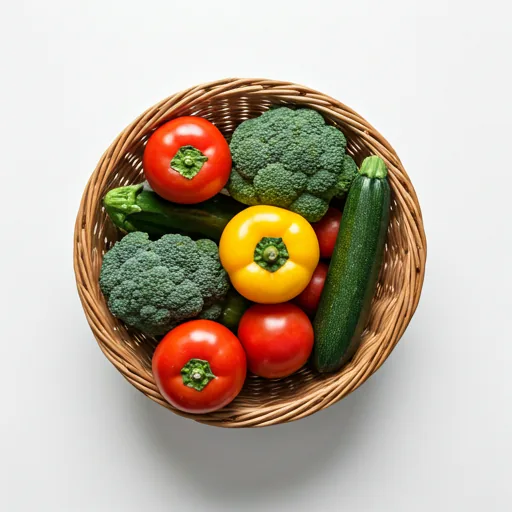 Fresh organic vegetables arranged in a woven market basket